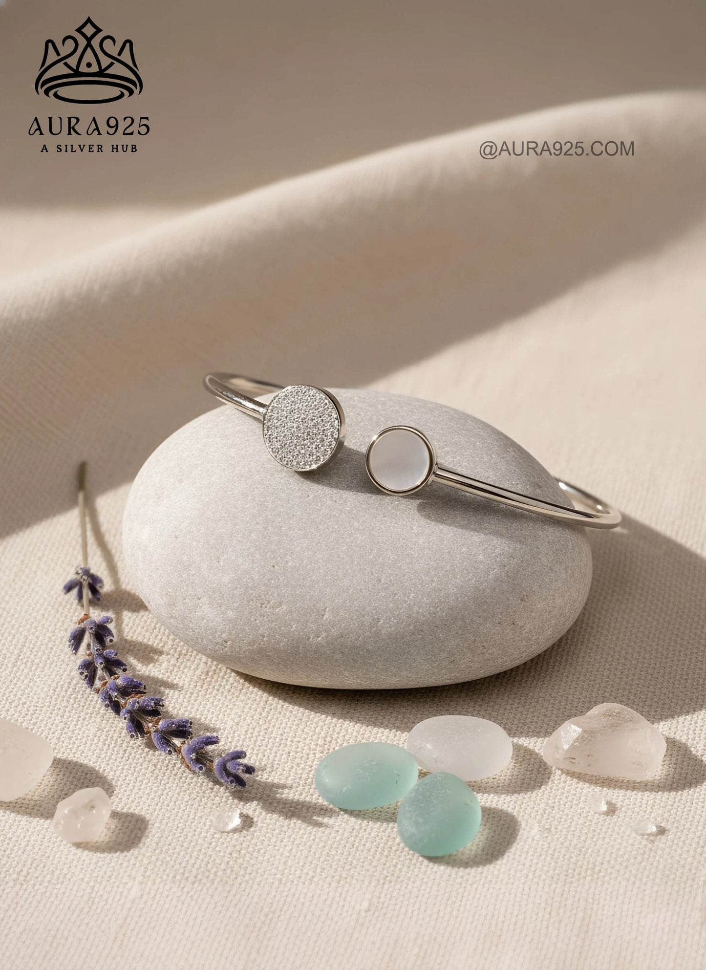 Modern Open Cuff Sterling Silver Bracelet | Pave & Mother-of-Pearl SLB-3623