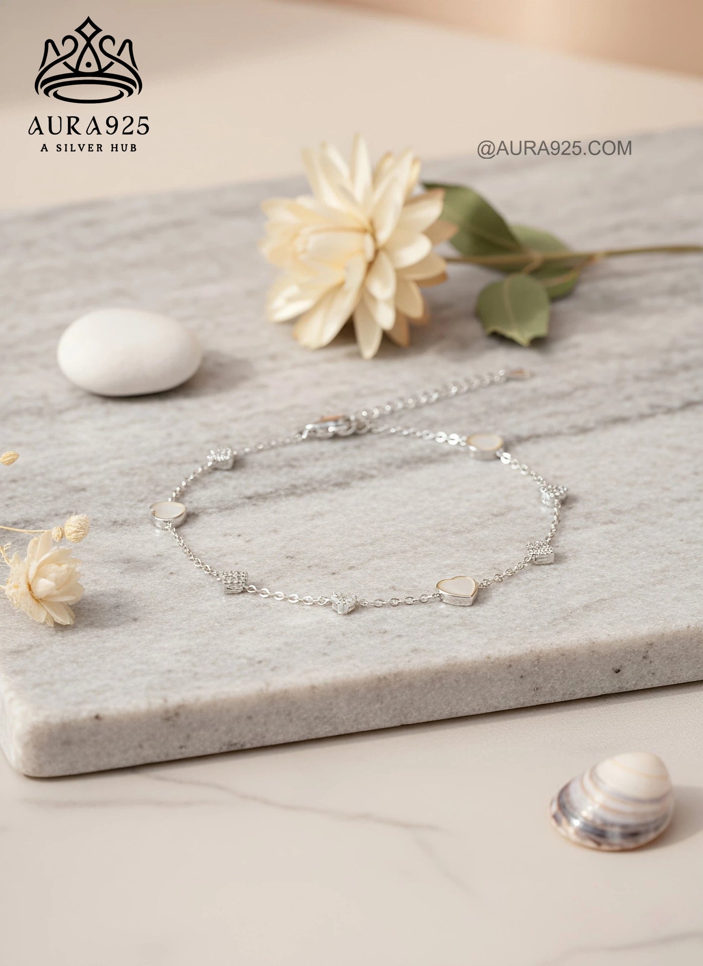 Sweetheart Chain Bracelet | Mother-of-Pearl Hearts & CZ | 925 Silver SLB-3625