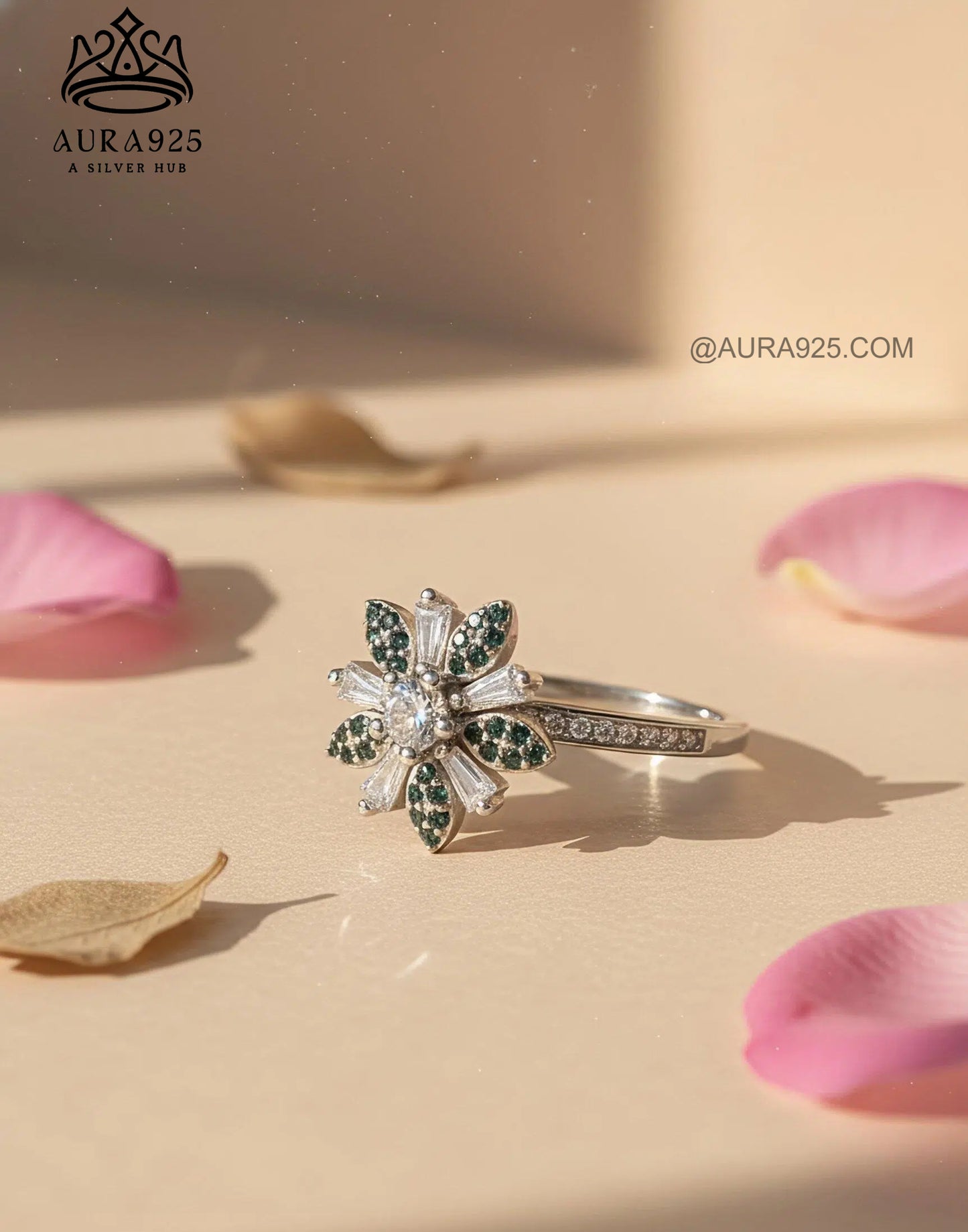 Sparkling Flower Cluster Ring: Green & White Zirconia SLR-5841