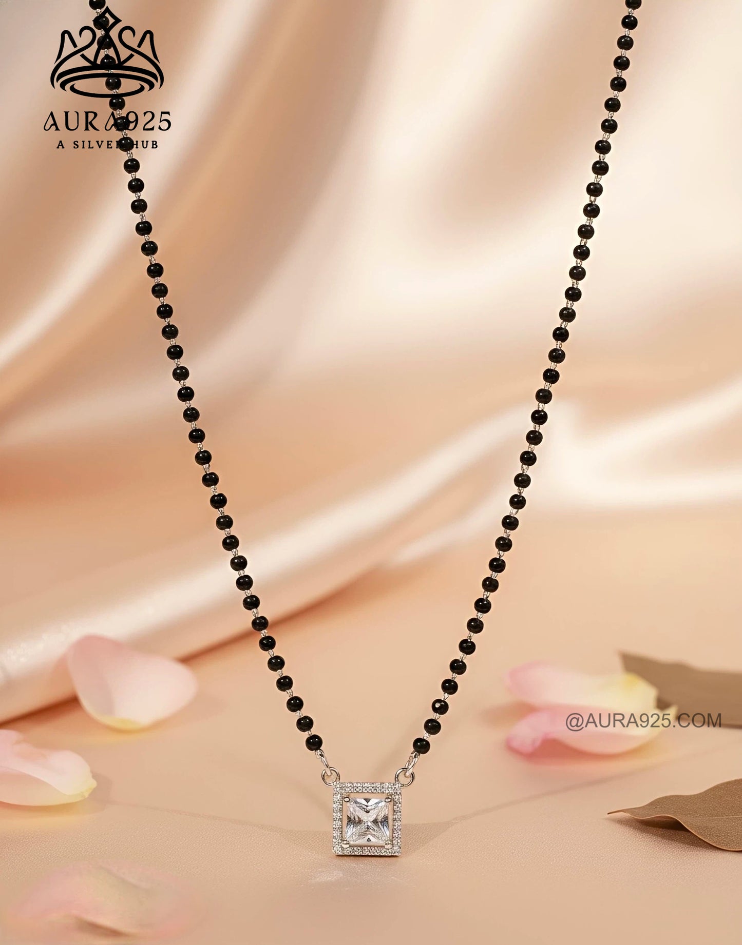 Elegant Diamond-Cut Square Pendant Mangalsutra in 925 Silver SLM-2581