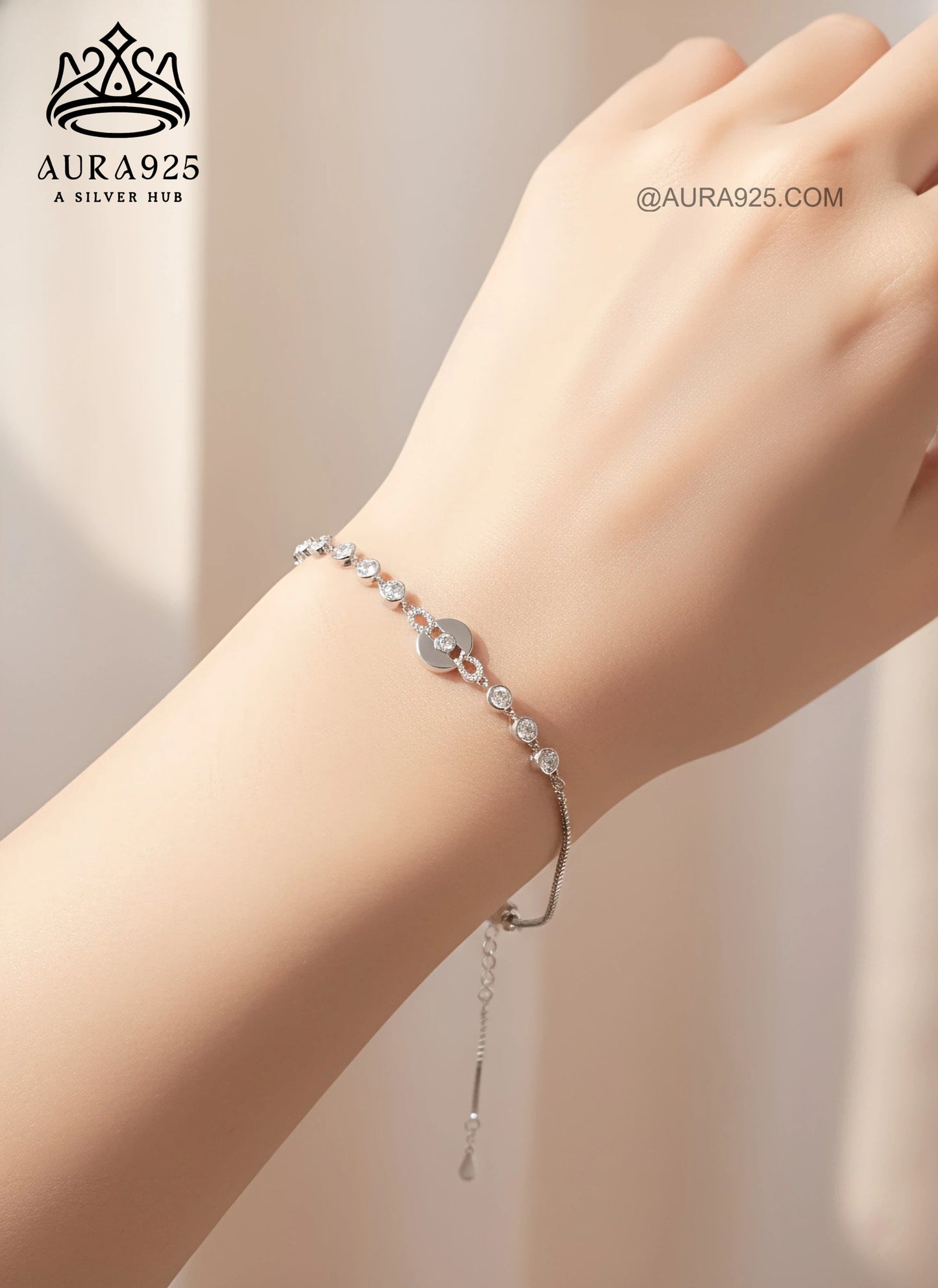 Delicate Sparkle Chain Bracelet | Round CZ & Disc Charm | 925 Silver SLB-3628