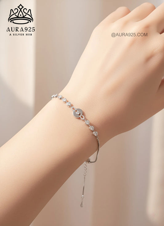 Delicate Sparkle Chain Bracelet | Round CZ & Disc Charm | 925 Silver SLB-3628
