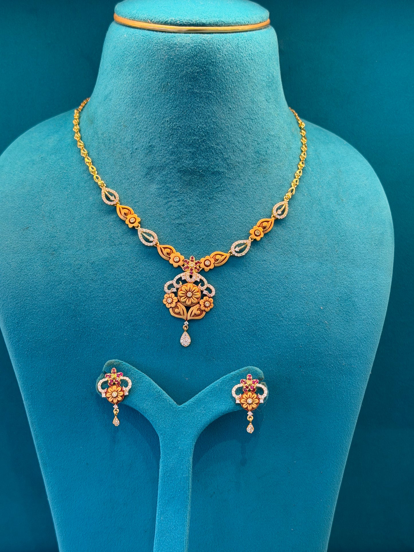 Short Fancy Necklace With Earrings in 92.5 Silver Gold Polish (9797)