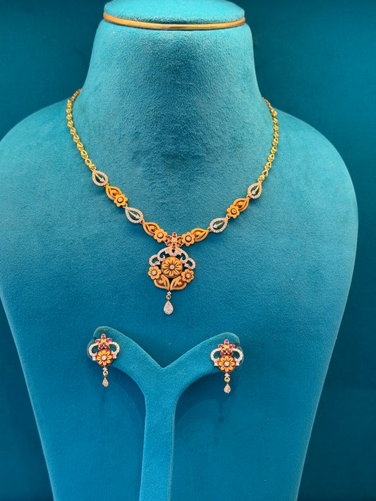 925 Sterling Silver Short Fancy Necklace with Earrings for Women – Ethnic Design, Gold Polished, BIS Hallmarked (9797)