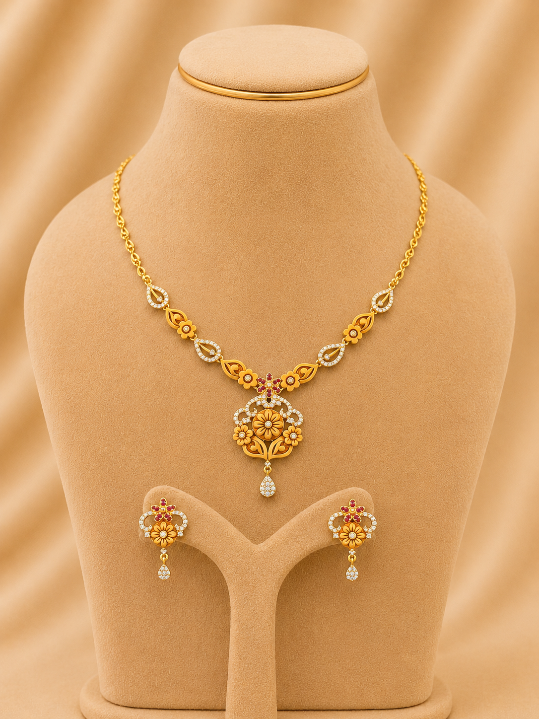 Short Fancy Necklace With Earrings in 92.5 Silver Gold Polish (9797)