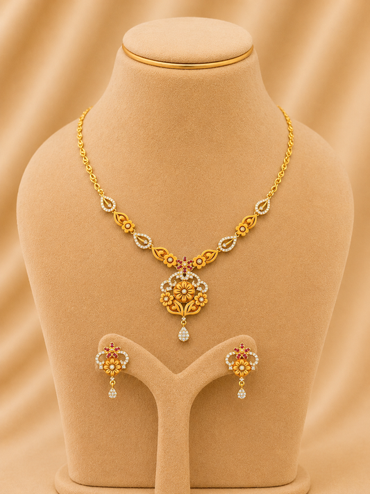925 Sterling Silver Short Fancy Necklace with Earrings for Women – Ethnic Design, Gold Polished, BIS Hallmarked (9797)