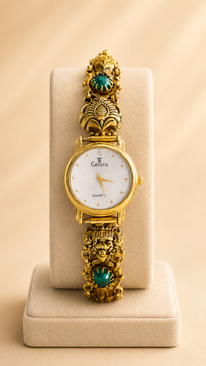 Gold Polished 925 Silver Antique Watch Bracelet with Green Lab Grown Diamond for Women (3726)