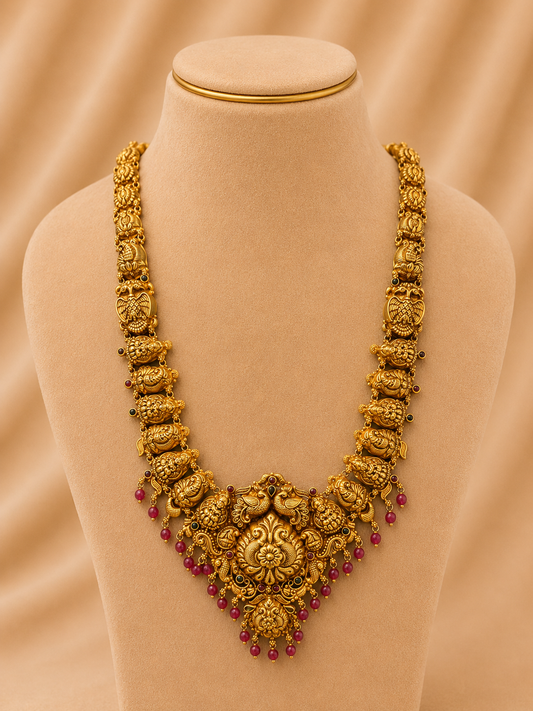 925 Sterling Silver Long Necklace / Haram for Women – Vintage-Inspired Design, Gold Polished, BIS Hallmarked (7124)