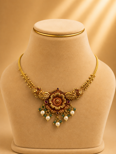 Short Fancy Necklace in 92.5 Silver Gold Polish (9805)