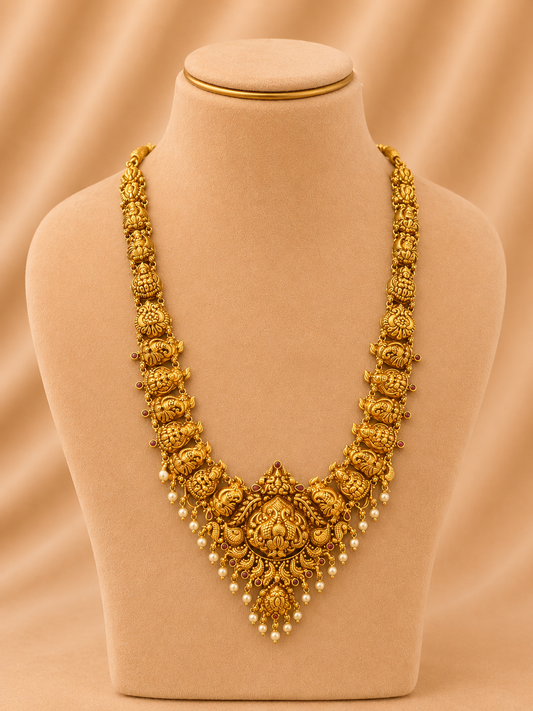 925 Sterling Silver Long Necklace / Haram for Women – Ethnic Design, Gold Polished, BIS Hallmarked (7125)