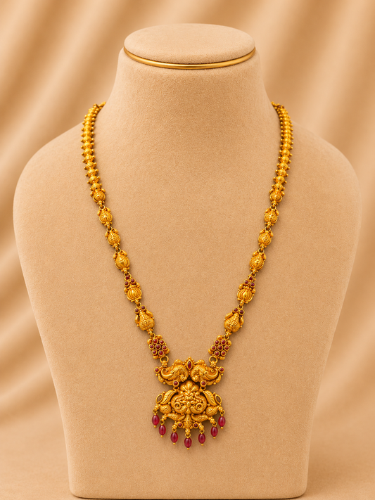 925 Sterling Silver Long Necklace / Haram for Women – Delicate Design, Gold Polished, BIS Hallmarked (7127)