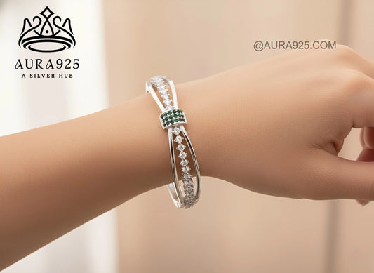 Elegant Crossover Sterling Silver Bracelet with Green CZ Accent SLB-3622