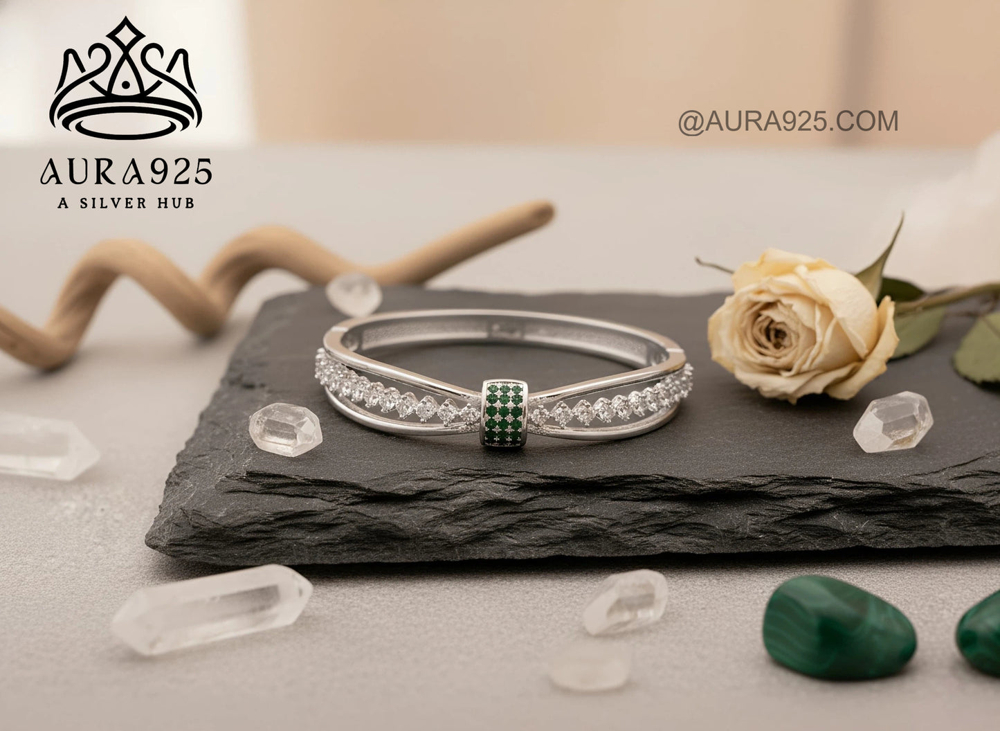 Elegant Crossover Sterling Silver Bracelet with Green CZ Accent SLB-3622