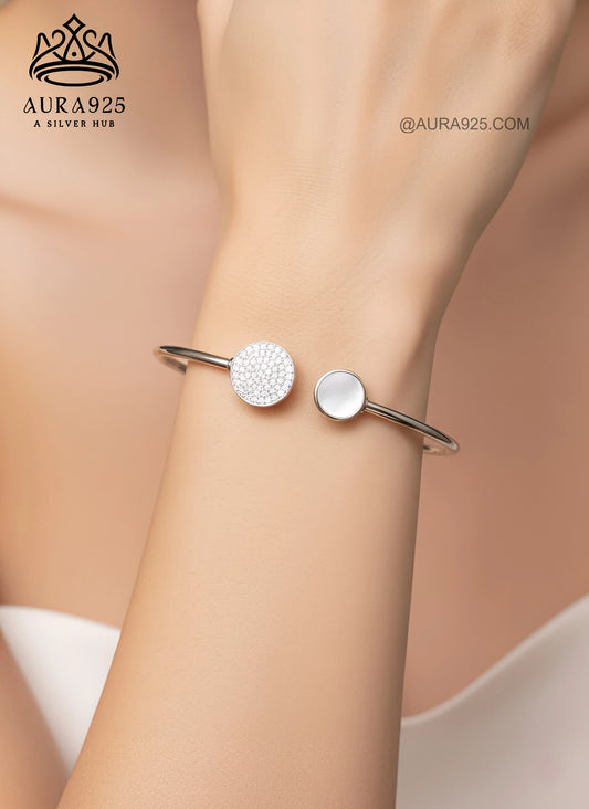 Modern Open Cuff Sterling Silver Bracelet | Pave & Mother-of-Pearl SLB-3623