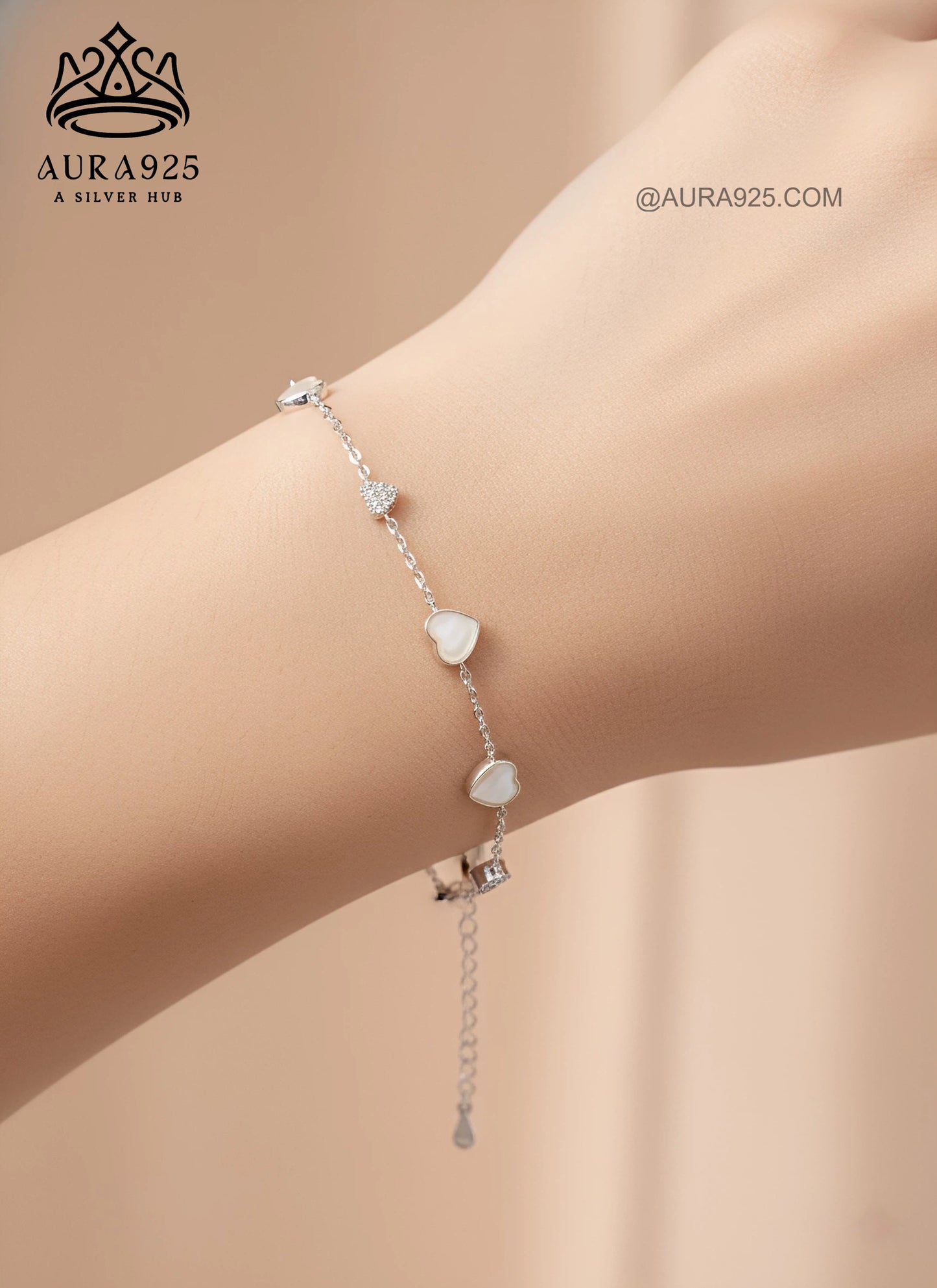 Sweetheart Chain Bracelet | Mother-of-Pearl Hearts & CZ | 925 Silver SLB-3625