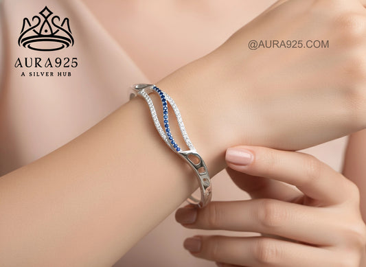 Elegant Wave Silver Bracelet with Blue CZ Accents | 925 Sterling Silver SLB-3626