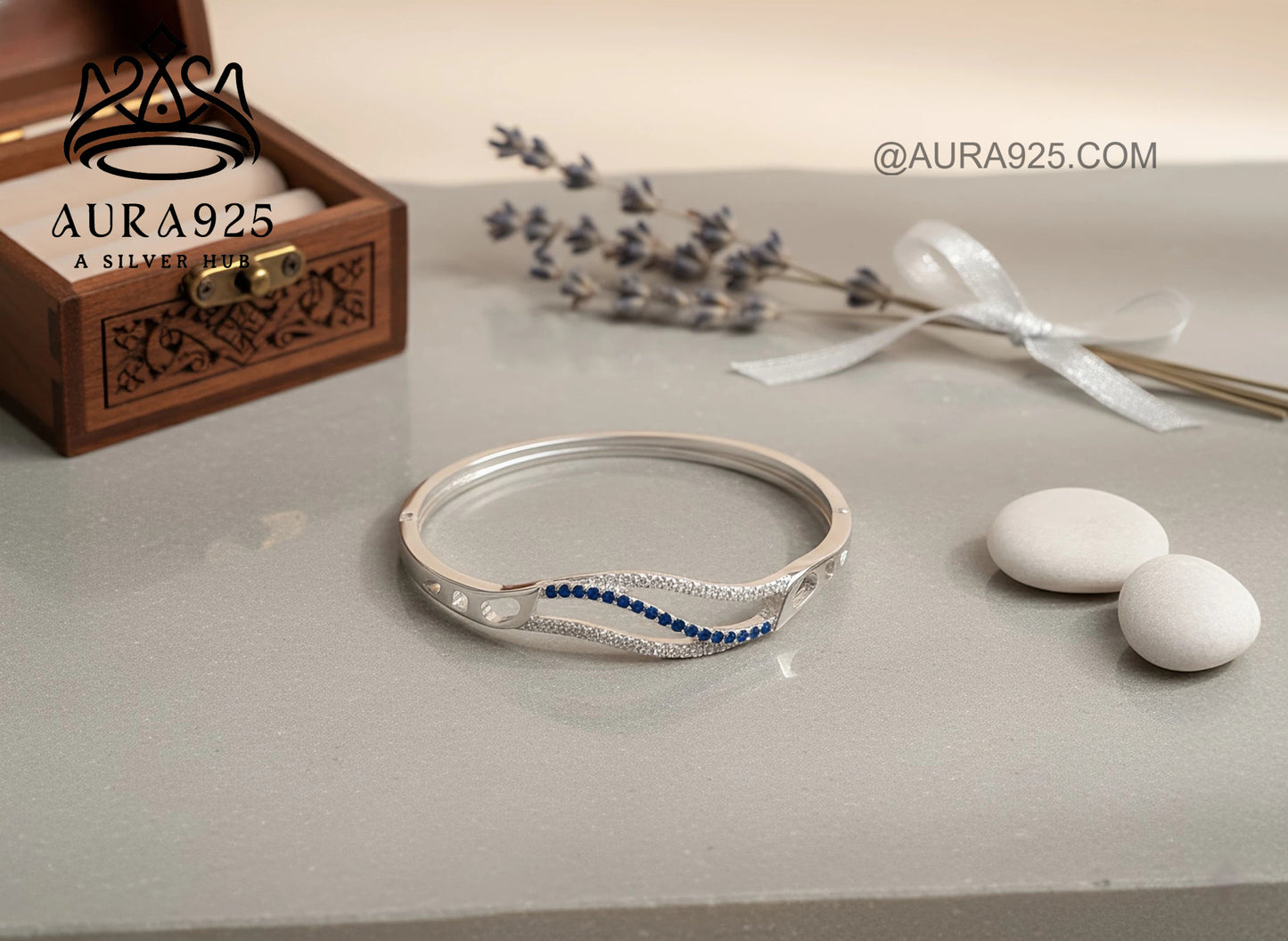 Elegant Wave Silver Bracelet with Blue CZ Accents | 925 Sterling Silver SLB-3626