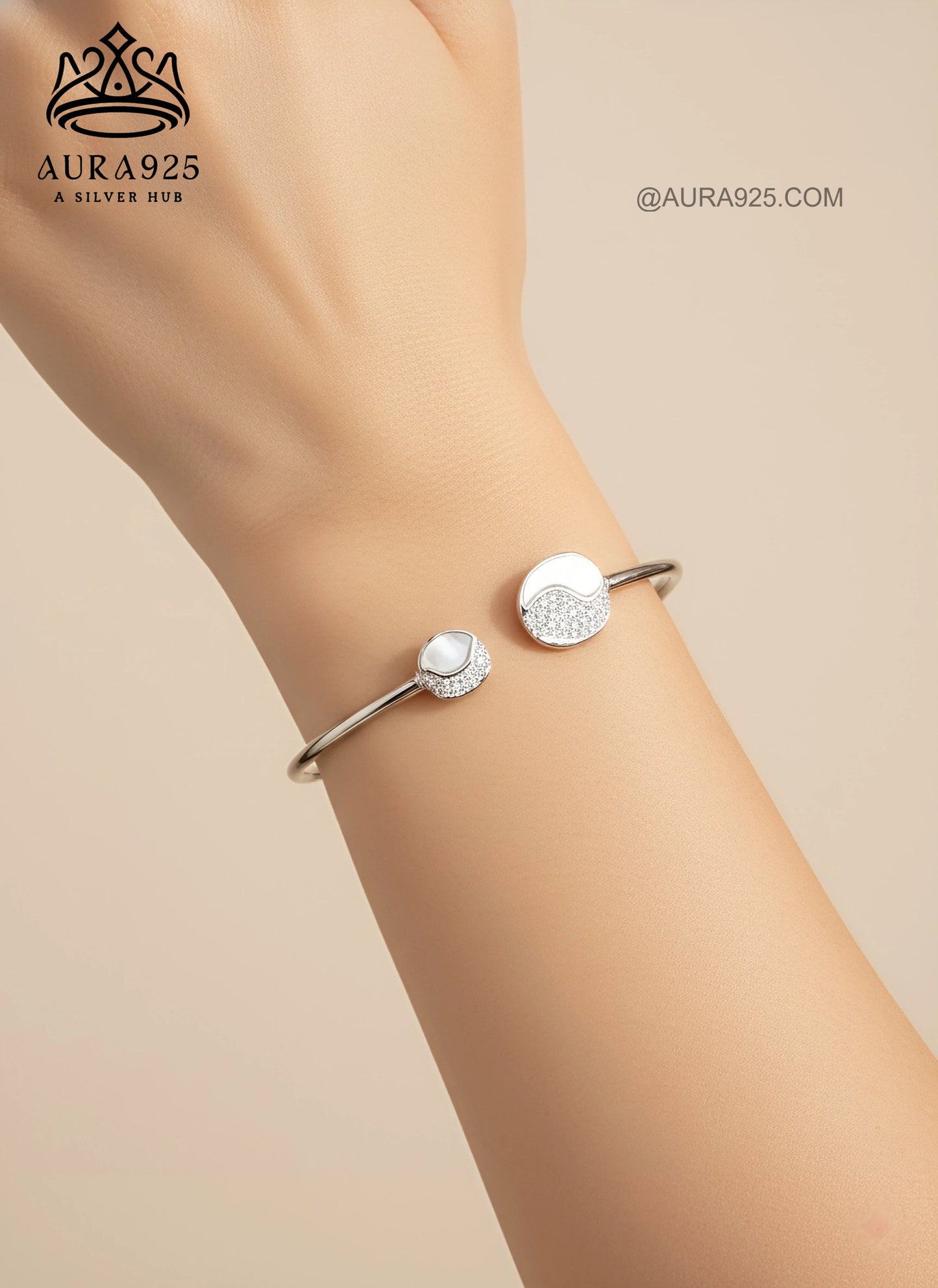 Harmony Open Cuff Bracelet | Mother-of-Pearl & Pave CZ | 925 Silver SLB-3632