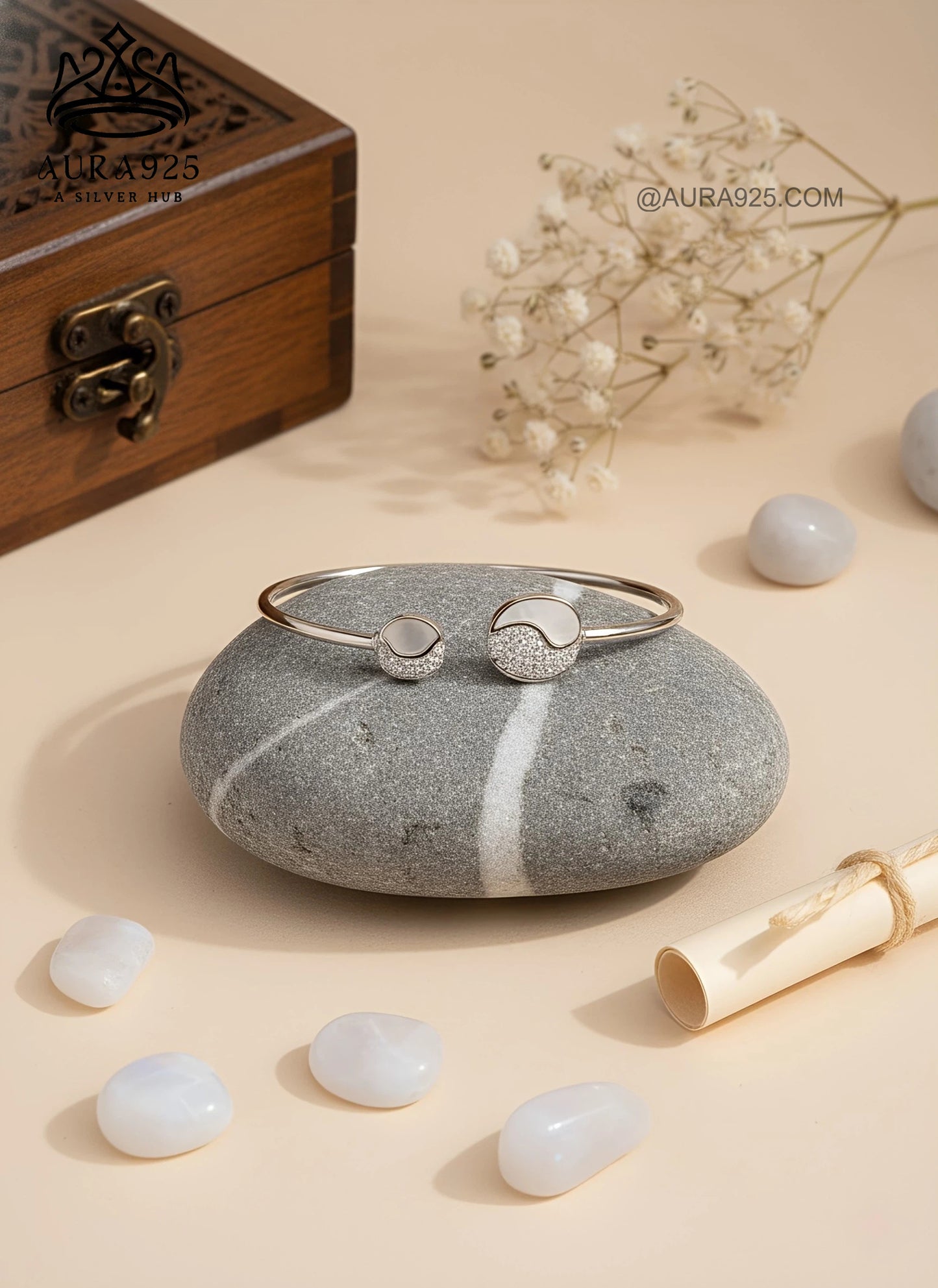 Harmony Open Cuff Bracelet | Mother-of-Pearl & Pave CZ | 925 Silver SLB-3632