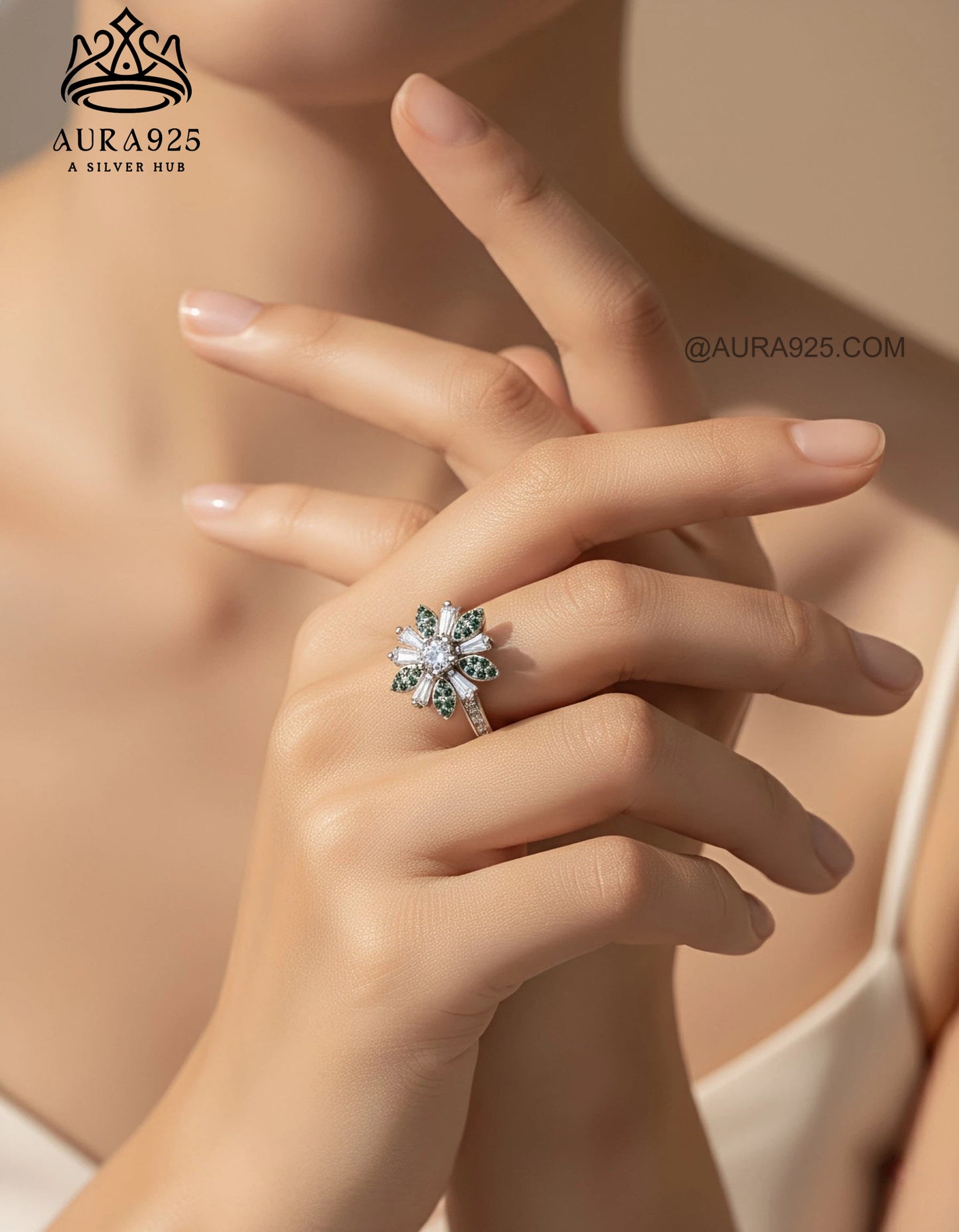 Sparkling Flower Cluster Ring: Green & White Zirconia SLR-5841