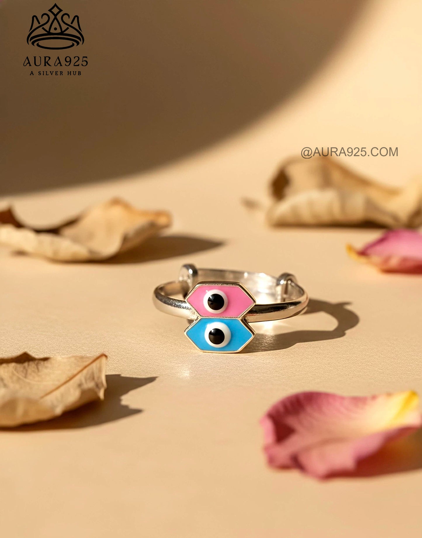 Playful Dual Evil Eye Ring: Pink & Blue Enamel with 925 Silver SLR-5842