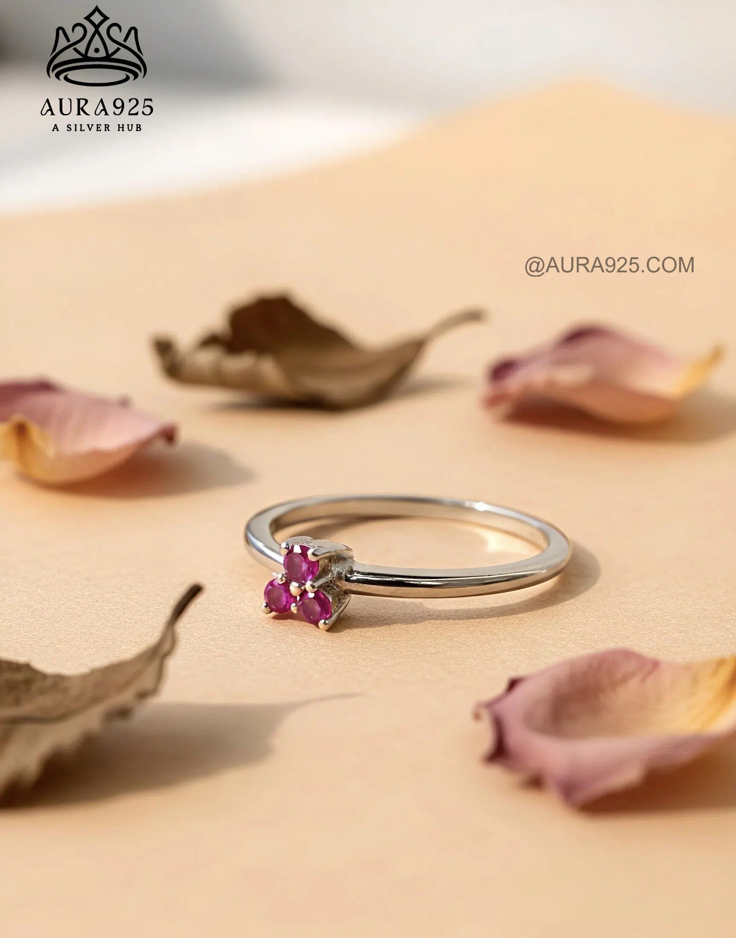 Dainty Tri-Stone Cluster Ring: Ruby/Pink Zirconia & 925 Silver SLR-5846