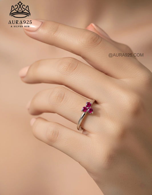 Dainty Tri-Stone Cluster Ring: Ruby/Pink Zirconia & 925 Silver SLR-5846