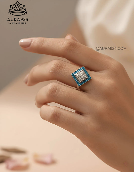 Geometric Sparkle Statement Ring: Blue Enamel & Pave Zirconia SLR-5847