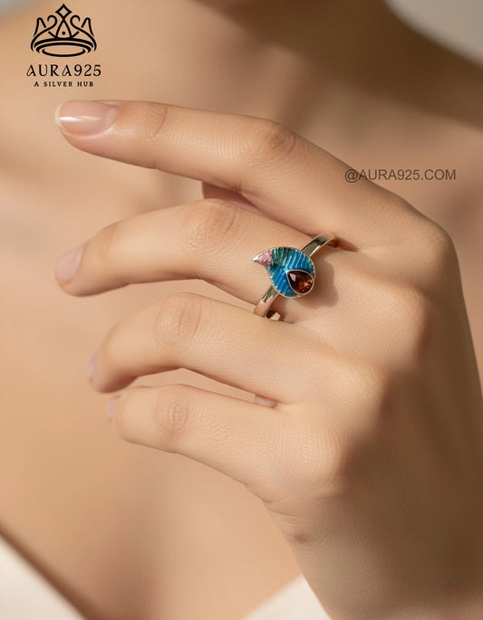 Exotic Feather Drop Adjustable Ring: Multi-Color Enamel & Zirconia SLR-5849