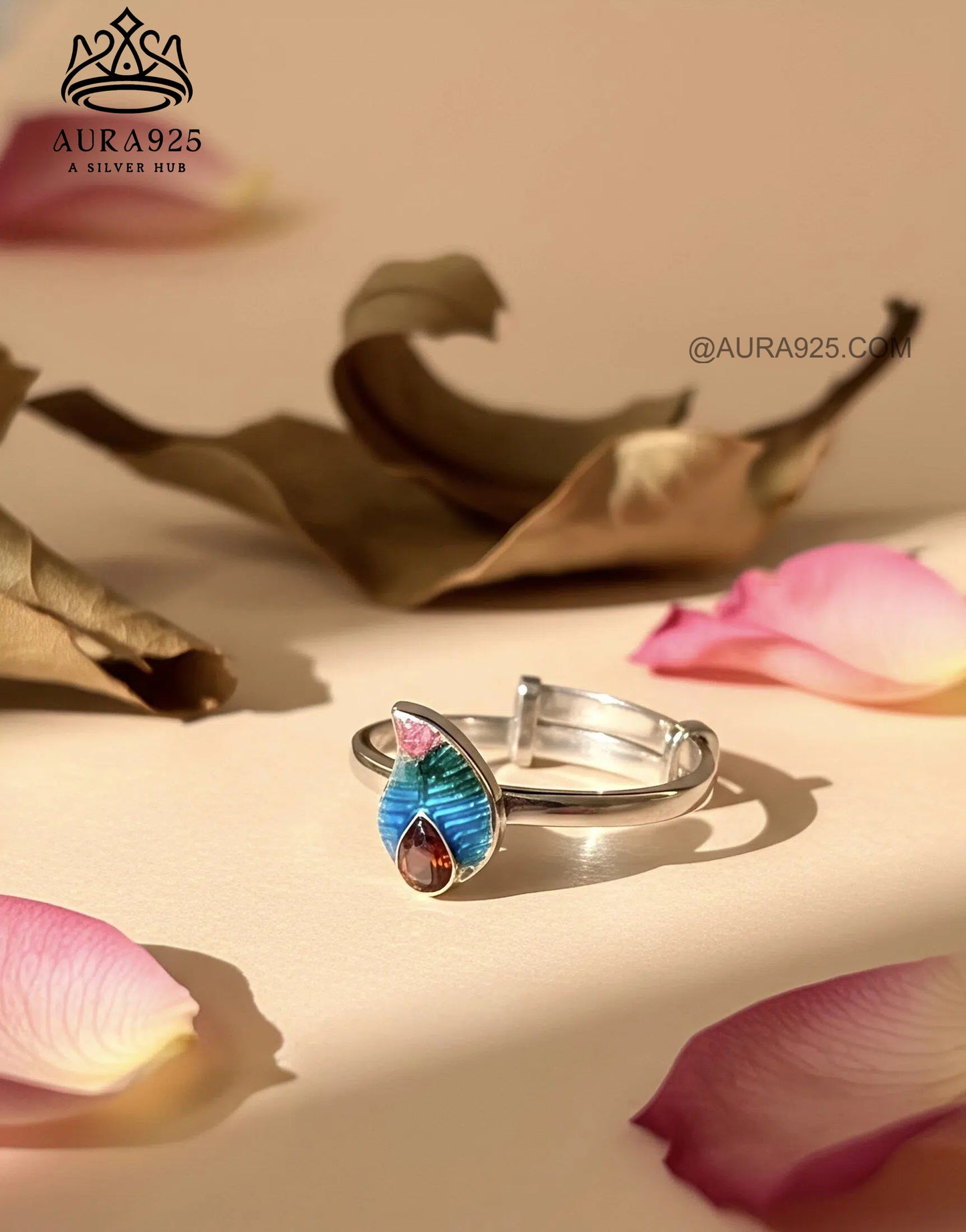 Exotic Feather Drop Adjustable Ring: Multi-Color Enamel & Zirconia SLR-5849