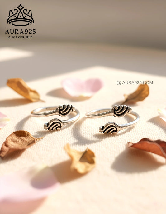 Bohemian 925 Silver Oxidized Wave/Feather Toe Ring Pair  SLTR-9926