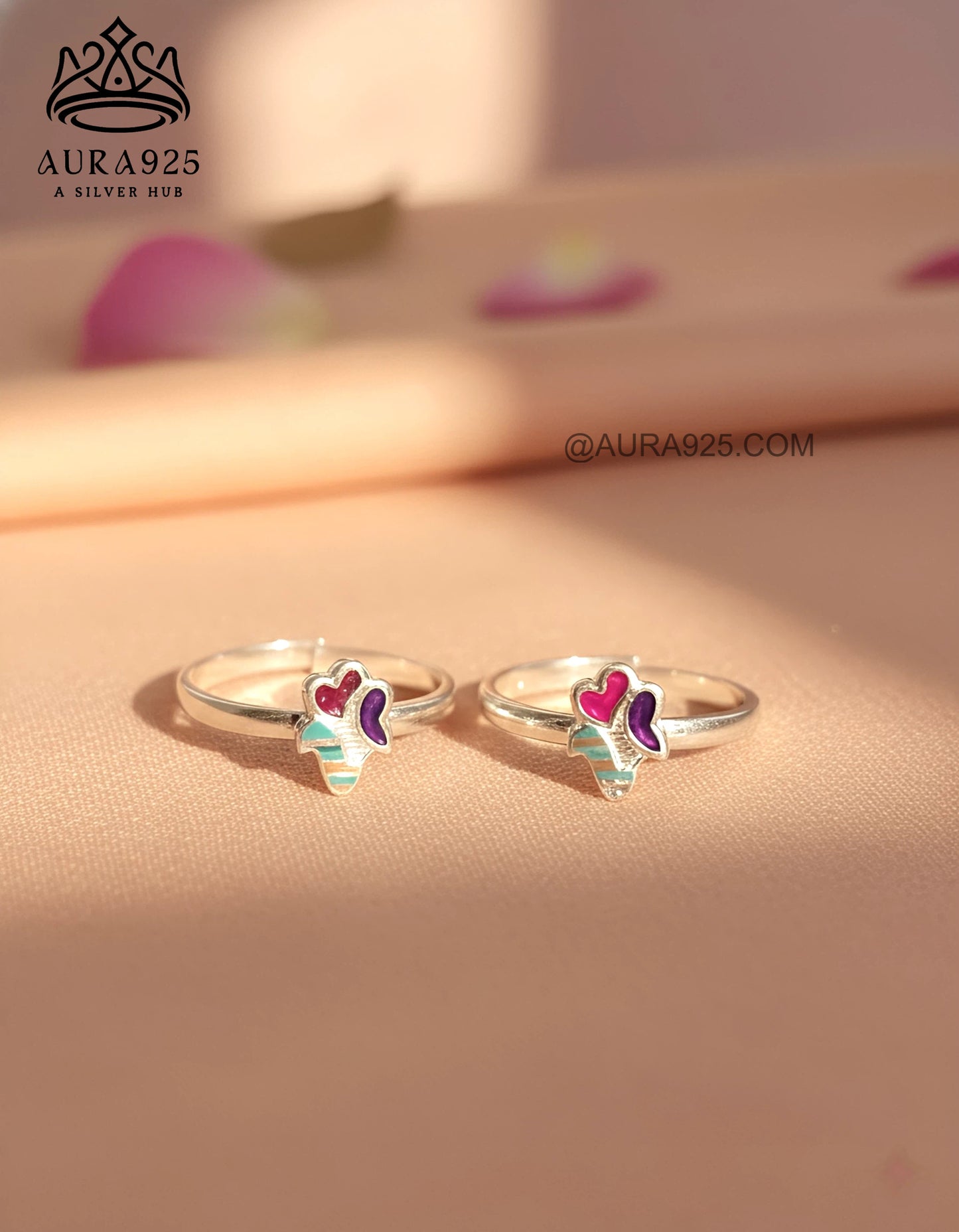 Playful Silver 925 Enamel Heart & Flower Toe Ring Pair SLTR-9928