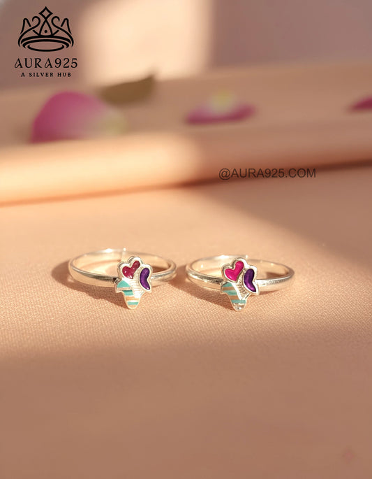 Playful Silver 925 Enamel Heart & Flower Toe Ring Pair SLTR-9928
