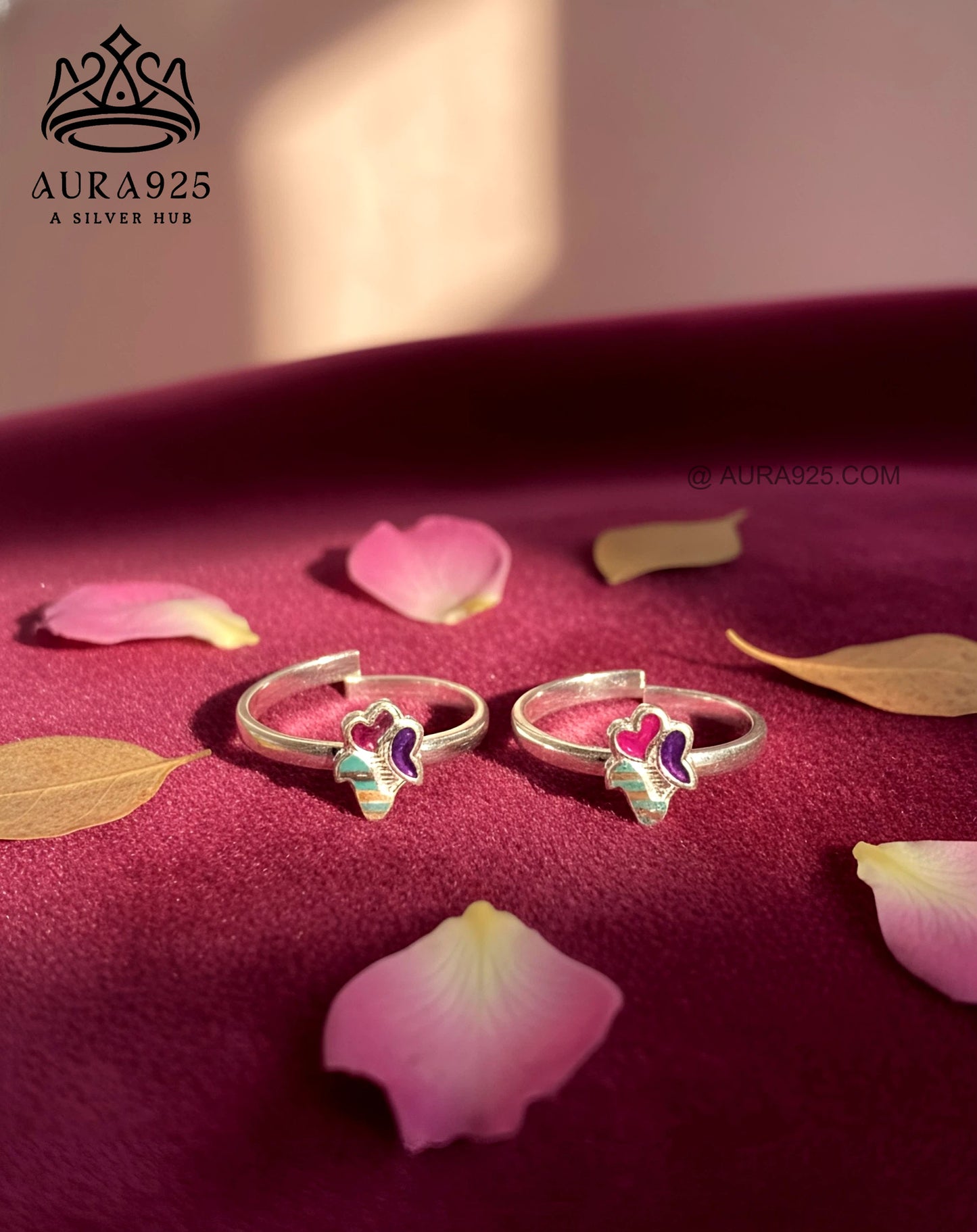 Playful Silver 925 Enamel Heart & Flower Toe Ring Pair SLTR-9928