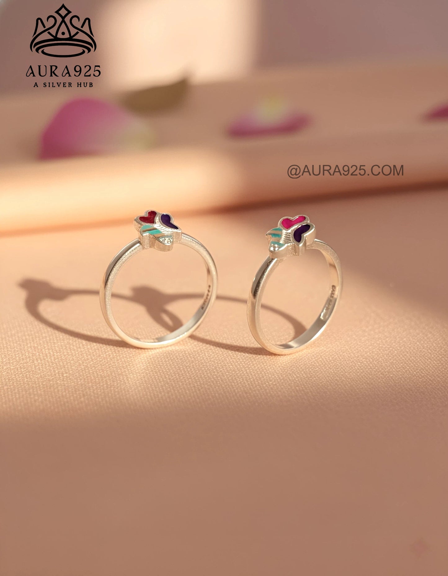 Playful Silver 925 Enamel Heart & Flower Toe Ring Pair SLTR-9928