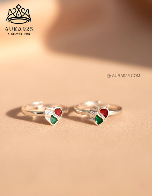Festive Enamel Heart Silver 925 Toe Ring Pair SLTR-9937