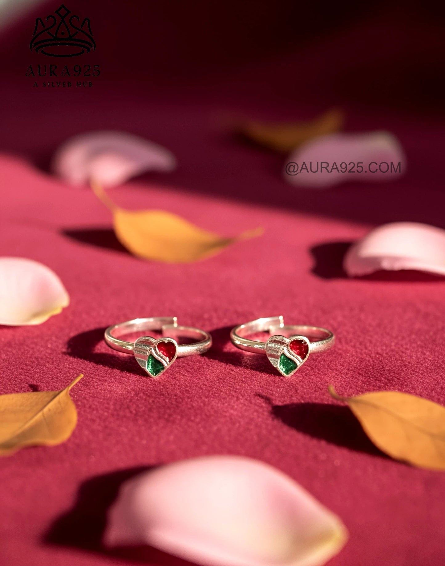 Festive Enamel Heart Silver 925 Toe Ring Pair SLTR-9937
