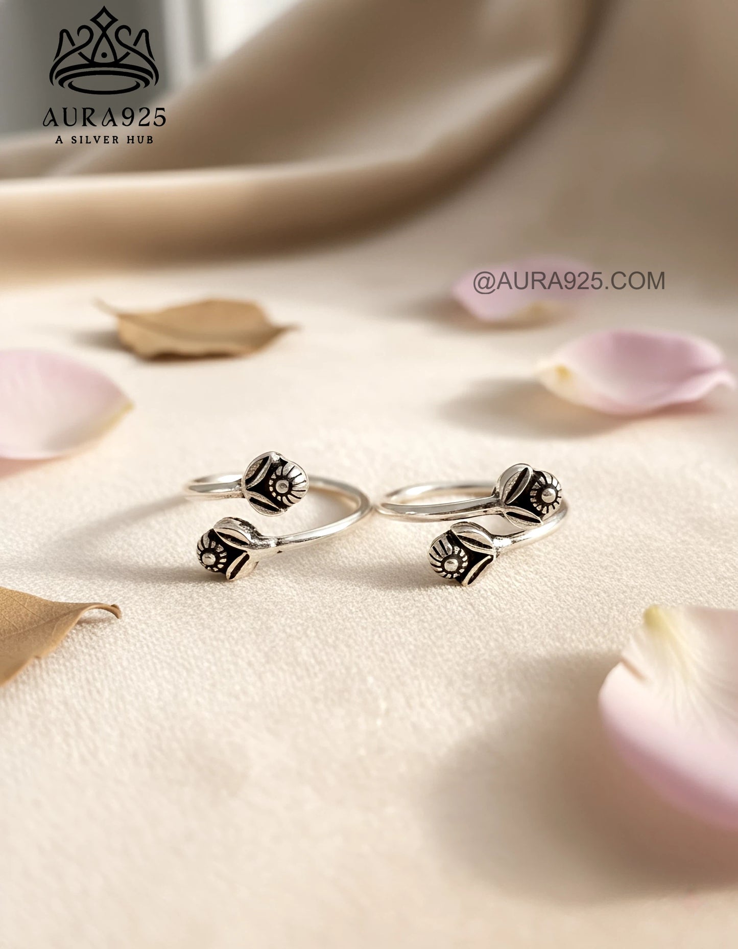 Heritage Silver 925 Oxidized Petal Toe Ring Pair SLTR-9939