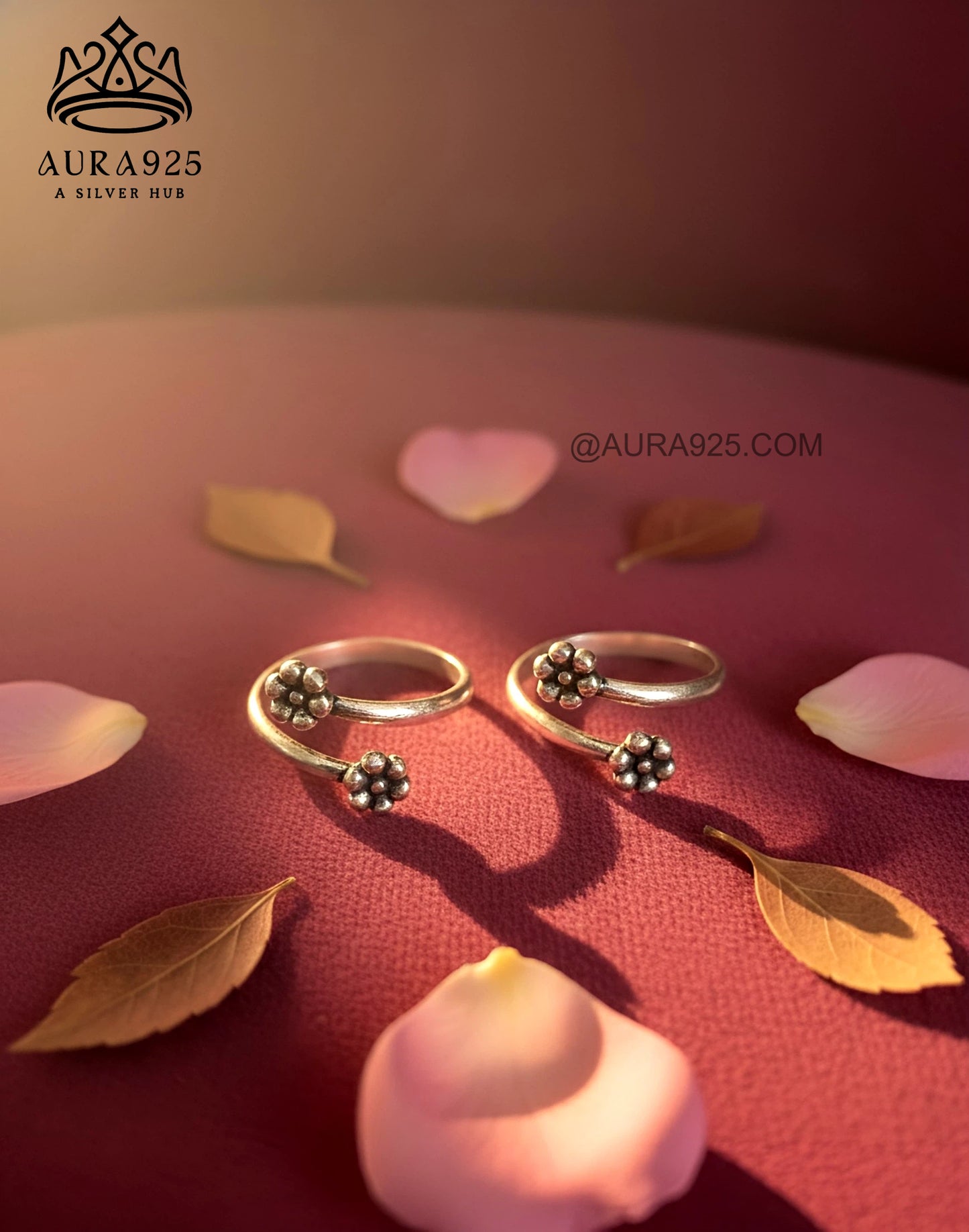 Antique Silver 925 Dual Flower Oxidized Toe Ring Pair  SLTR-9943